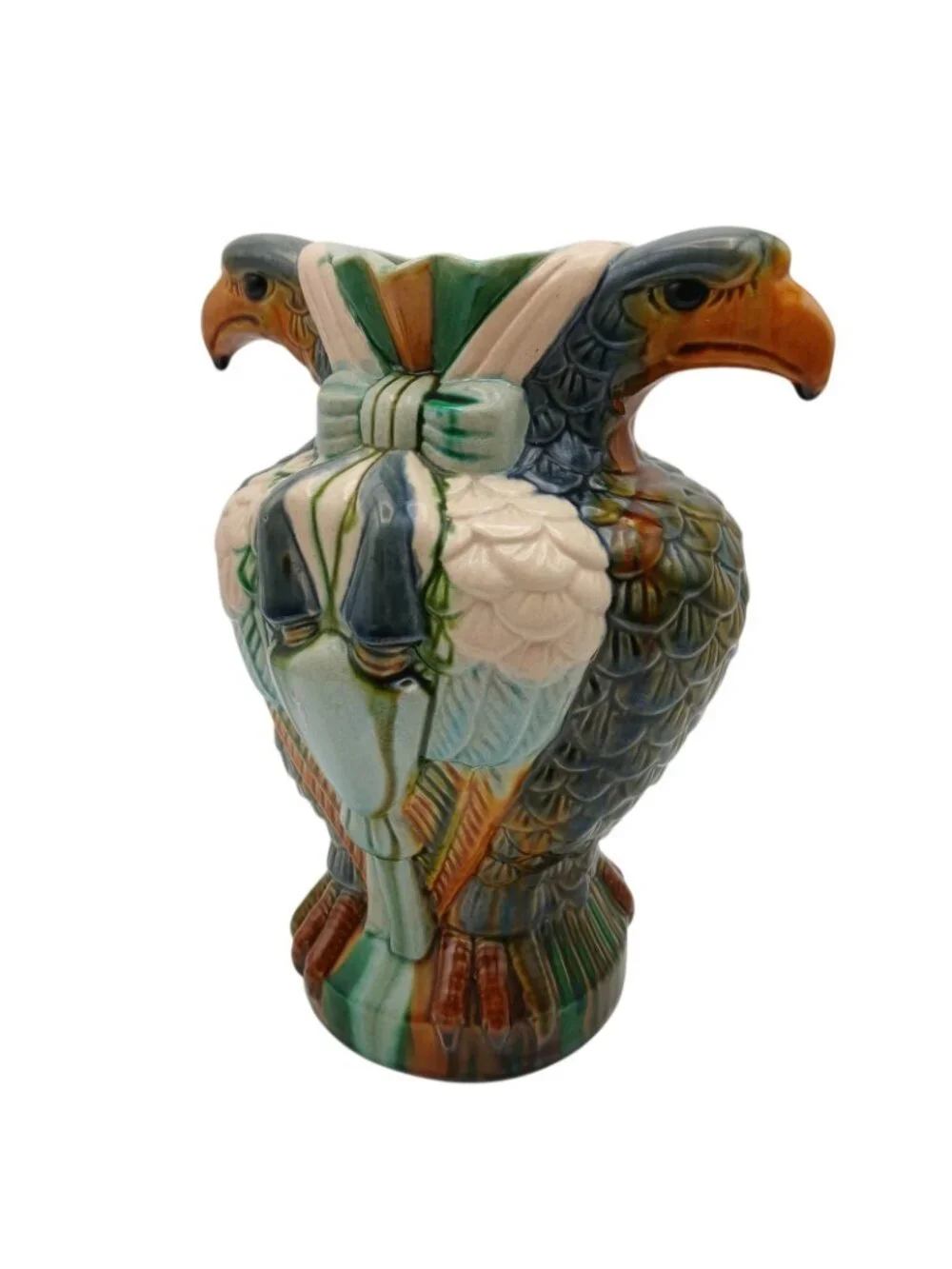Majolica Double Eagle Head Vase Sculptural Ceramic Urn 9.5
